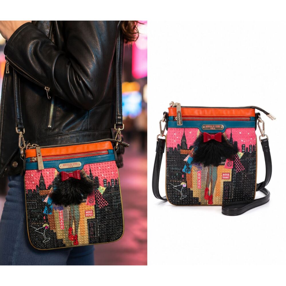 Nicole Lee "Dark City" Crossbody Messenger Bag New York Skyline Print